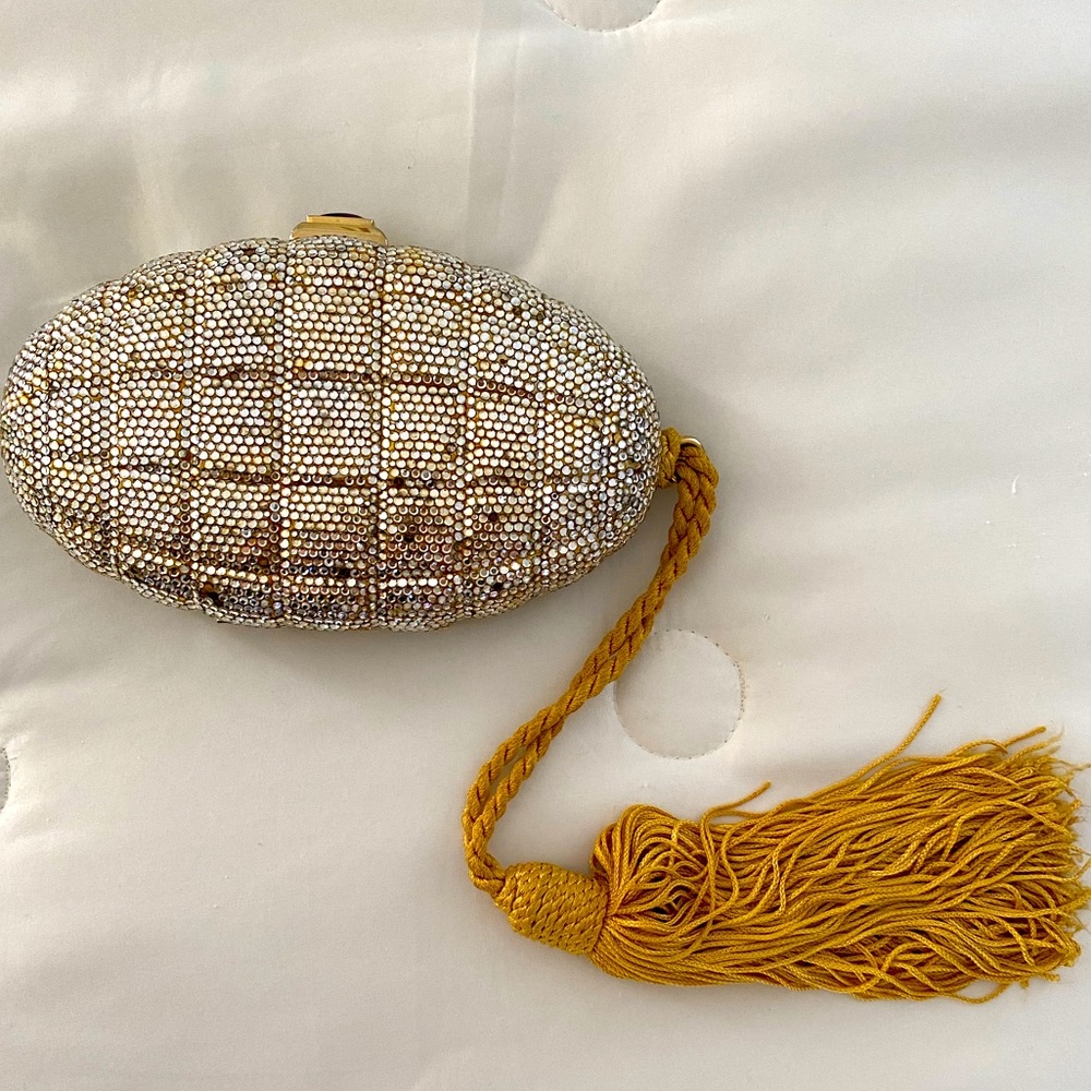 Judith Lieber Iconic Gold Clutch - Miniaudiere Crystal Tassel